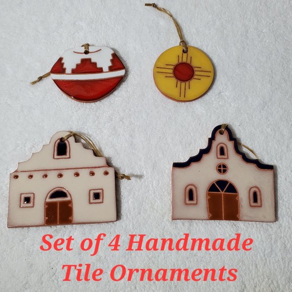 Set of 4 Handmade Tile Southwest Native American Design Ornaments - Picture 1 of 6